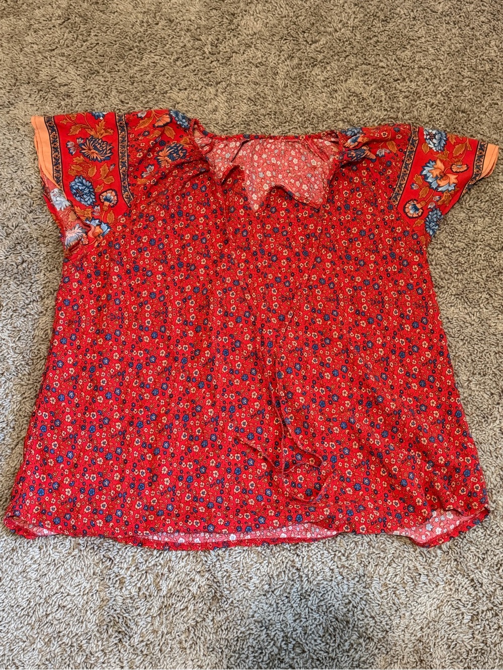 SHEIN Red Floral Short Sleeve Peasant Blouse